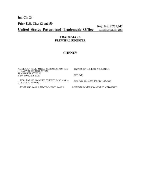Trademark Registration for CHENEY New York Attorney of Record Trademark Attorney has Office in Scranton 