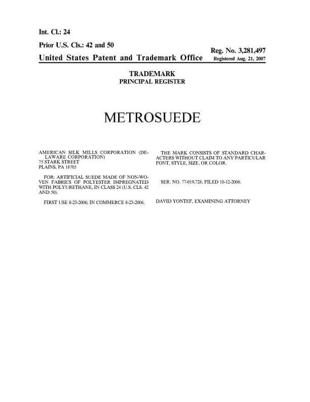 Trademark Registration for METROSUEDE Plains, PA Attorney of Record Trademark Attorney having Office in Scranton 