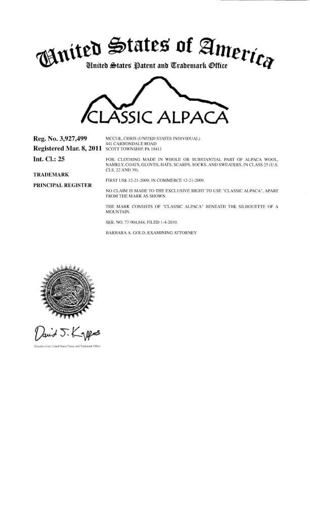 Trademark Application CLASSIC ALAPACA Scott Township filed by Trademark Lawyer having Office in Allentown Granted US Federal Trademark Registration