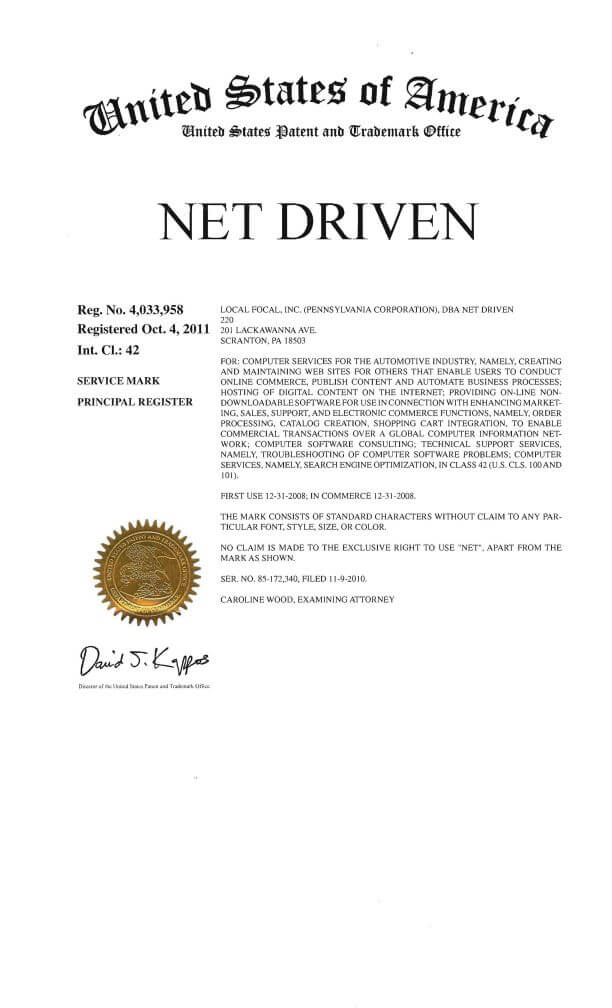 Trademark Application NET DRIVEN Scranton filed by Trademark Lawyer having Office in Scranton Granted US Federal Trademark Registration
