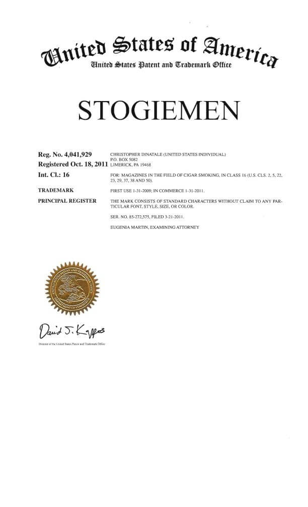 Trademark Application STOGIEMEN Limerick filed by Trademark Lawyer having Office in Philadelphia Granted US Federal Trademark Registration