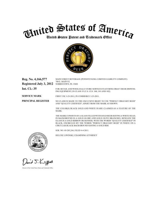 US Trademark Application PERFECT DRAUGHT BEER Norristown filed by Trademark Lawyer having Office in Philadelphia Granted US Federal Trademark Registration by USPTO