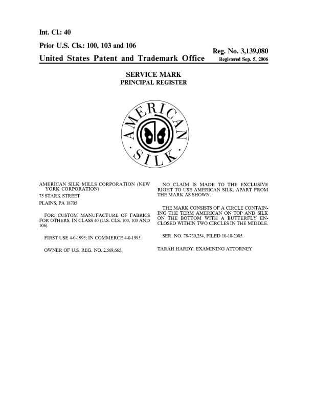 US Federal Trademark Registration AMERICAN SILK Plains Attorney of Record Trademark Lawyer having Office in Scranton