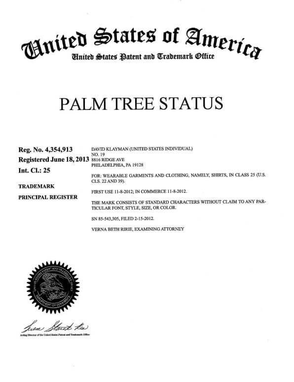 Trademark Application for PALM TREE STATUS Philadelphia Attorney of Record Trademark Attorney having Office in Philadelphia Allowed TM Registration Certificate