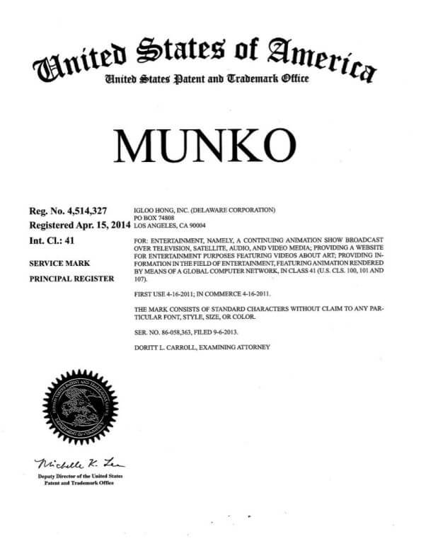 US Trademark Registration for MUNKO Los Angeles Attorney of Record Trademark Attorney has Office in Philadelphia 