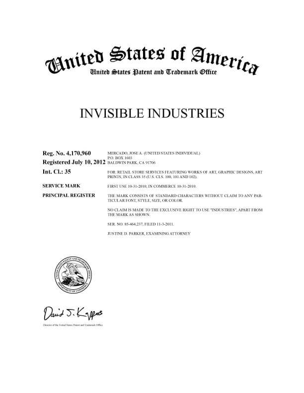 Trademark Application for INVISIBLE INDUSTRIES Baldwin Park Attorney of Record Trademark Attorney having Office in Philadelphia Allowed TM Registration