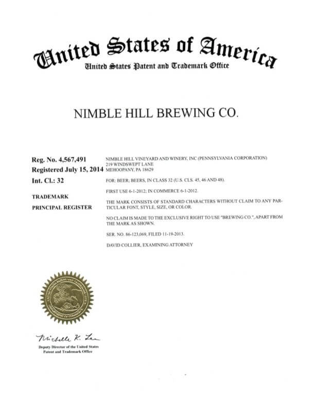 Trademark Application for NIMBLE HILL BREWING CO. Mehoopany Attorney of Record Trademark Attorney having Office in Scranton Granted Registration