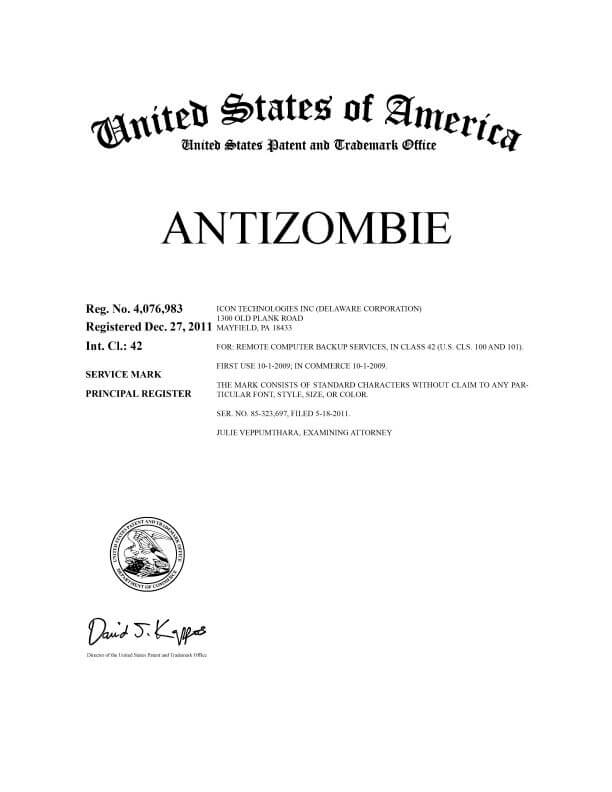  Trademark Application for ANTIZOMBIE Mayfield Attorney of Record Trademark Lawyer having Office in Scranton Granted TM Registration Certificate