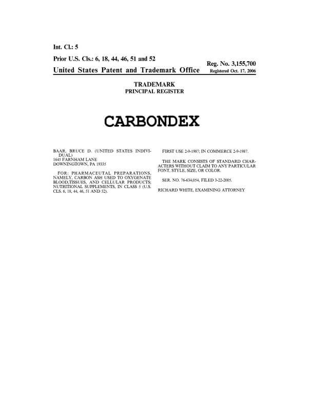 Trademark Application for CARBONDEX Downingtown Attorney of Record Trademark Lawyer having Office in PHL Granted Registration