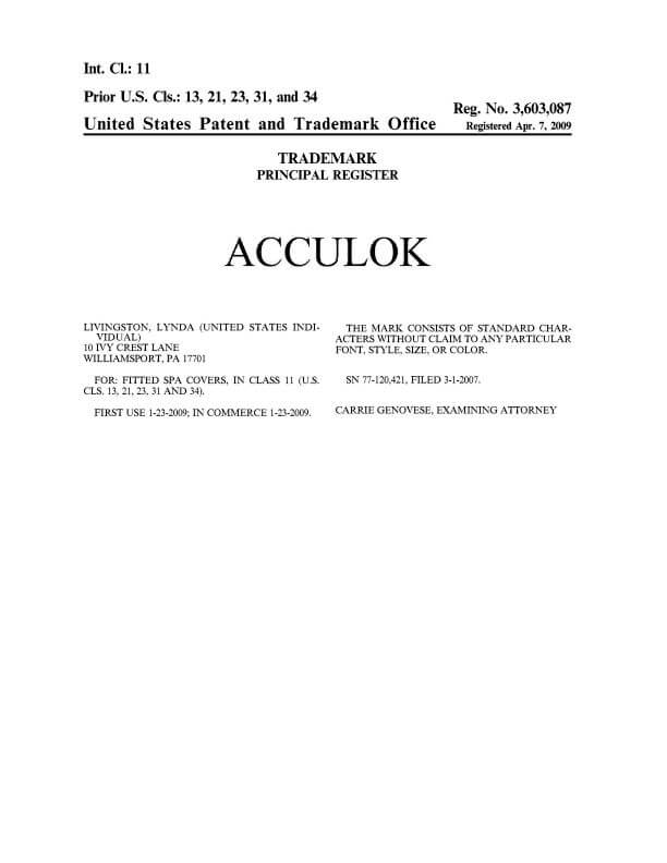 Trademark Registration for ACCULOK Williamsport Attorney of Record Trademark Lawyer having Office in Philadelphia  