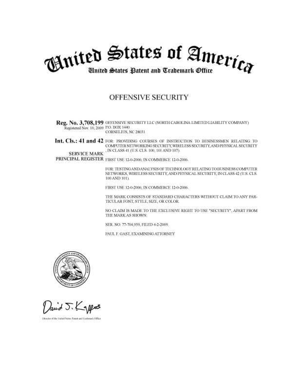 Trademark Registration for OFFENSIVE SECURITY Cornelius Attorney of Record Trademark Lawyer having Office in Philadelphia 