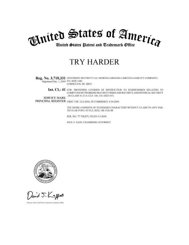 Trademark Registration for TRY HARDER Cornelius Attorney of Record Trademark Attorney having Office in Philadelphia  