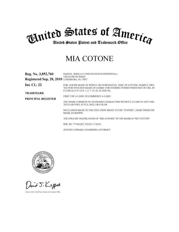 Trademark Application for MIA COTONE Lewisburg Attorney of Record Trademark Attorney having Office in Philadelphia Granted Federal Trademark Registration