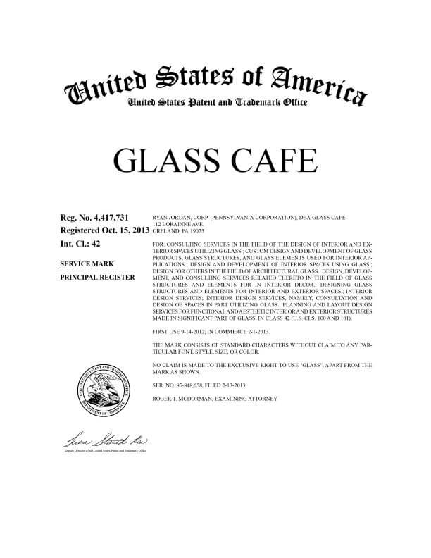 Trademark Application for GLASS CAFE Oreland Attorney of Record Trademark Lawyer having Office in Philadelphia Allowed Registration