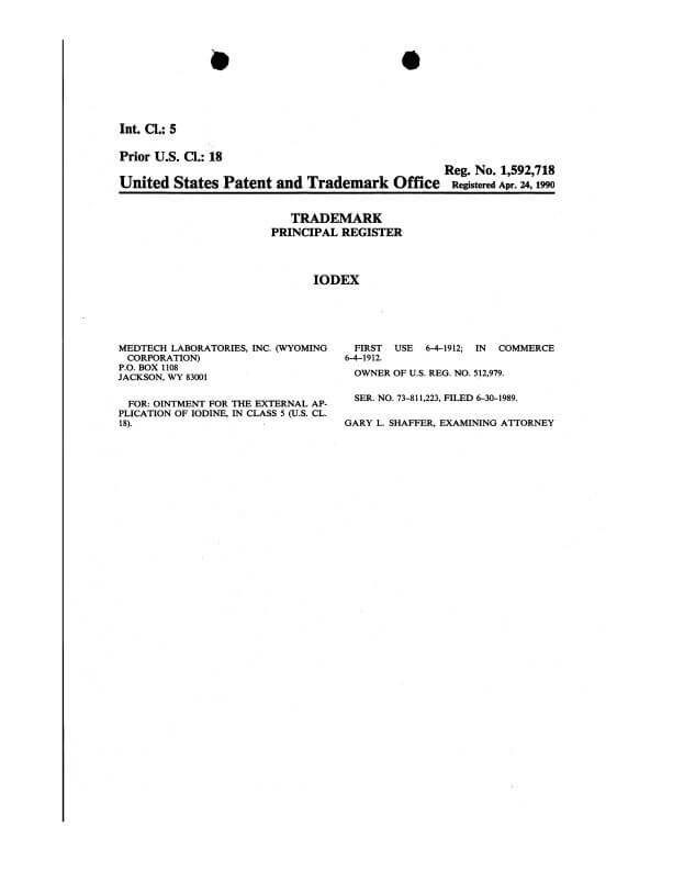 Trademark Application for iodex 1592718 Jackson filed by Trademark Lawyer having office in Philadelphia Allowed TM Registration