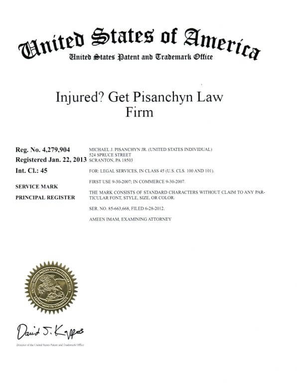 Trademark Application for Injured? Get Pisanchyn Law Firm, Scranton filed by Trademark Lawyer having office in Scranton Granted Trademark Registration Certificate