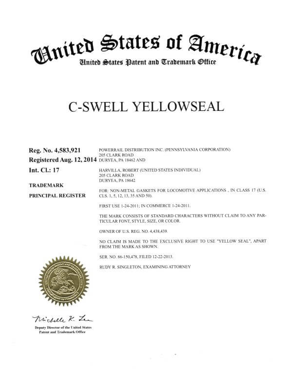 Trademark Application for C-SWELL YELLOWSEAL Duryea filed by Trademark Lawyer having office in Philadelphia Allowed TM Registration