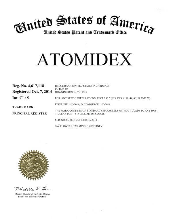 Trademark Application for ATOMIDEX Downingtown filed by Trademark Lawyer having office in Philadelphia Allowed Registration
