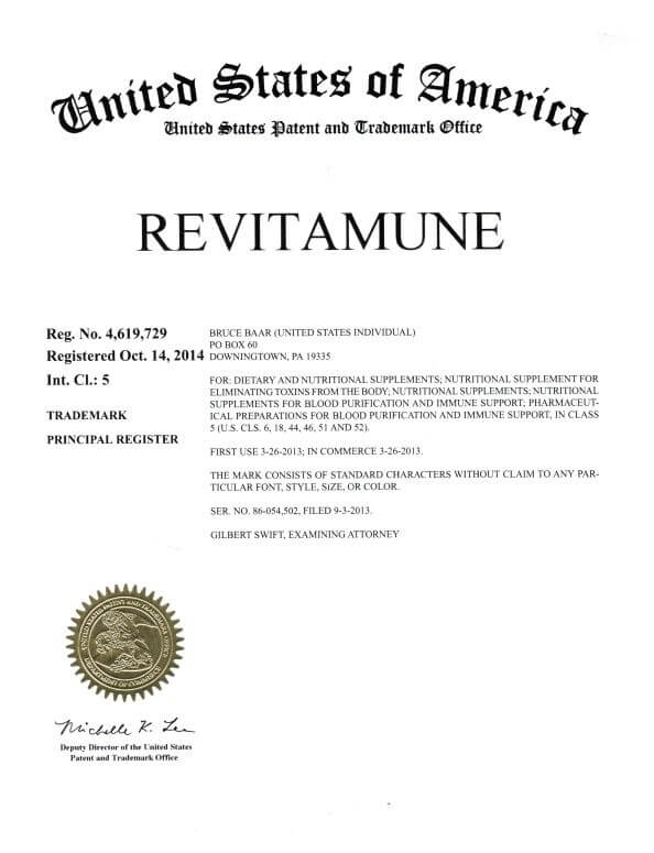 Trademark Application for REVITAMUNE Downingtown filed by Trademark Lawyer having office in Philadelphia Granted Trademark Registration
