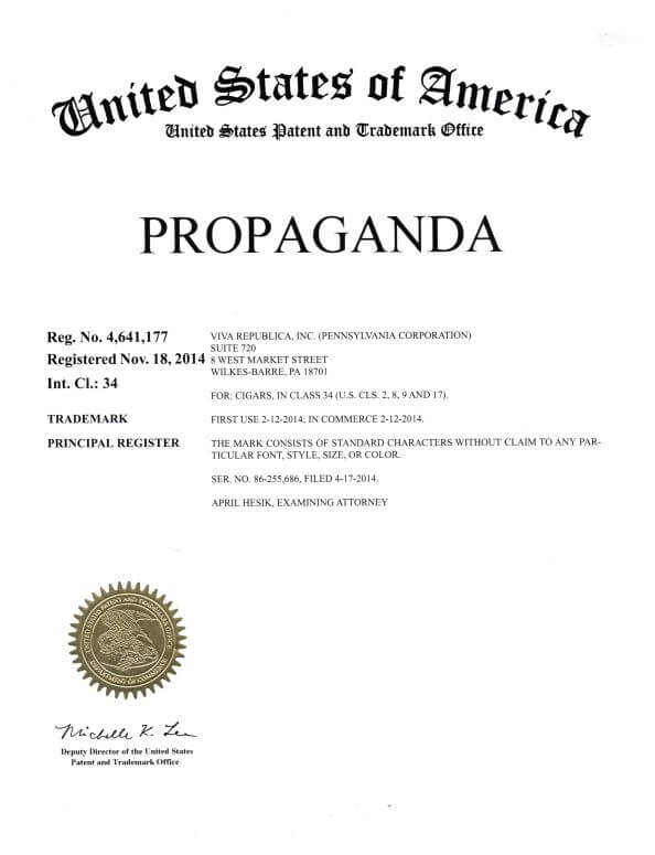 Trademark Application for PROPAGANDA Wilkes-Barre filed by Trademark Lawyer possessing a Philadelphia Office Granted Trademark Registration 