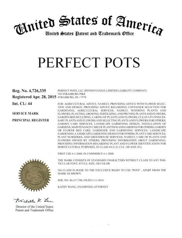 Trademark Application for PERFECT POTS Strasburg PA filed by Trademark Lawyer having Allentown Office Granted Trademark Registration Certificate