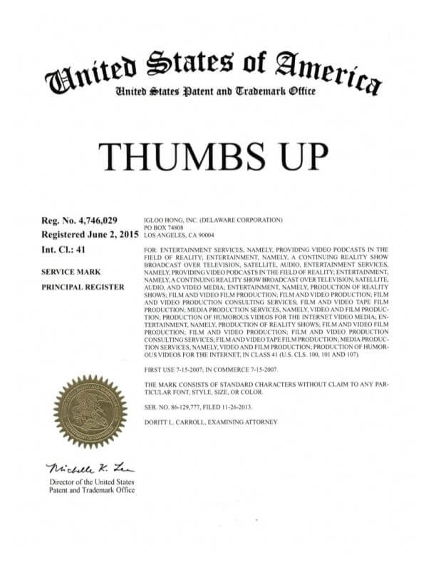  Trademark Application for THUMBS UP Los Angeles filed by Trademark Lawyer with Philadelphia Office Granted Trademark Registration 