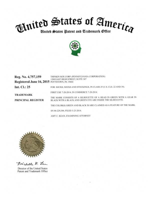  Trademark Application for THINKIN' SOX Pottstown filed by Trademark Lawyer Scranton Granted Trademark Registration 