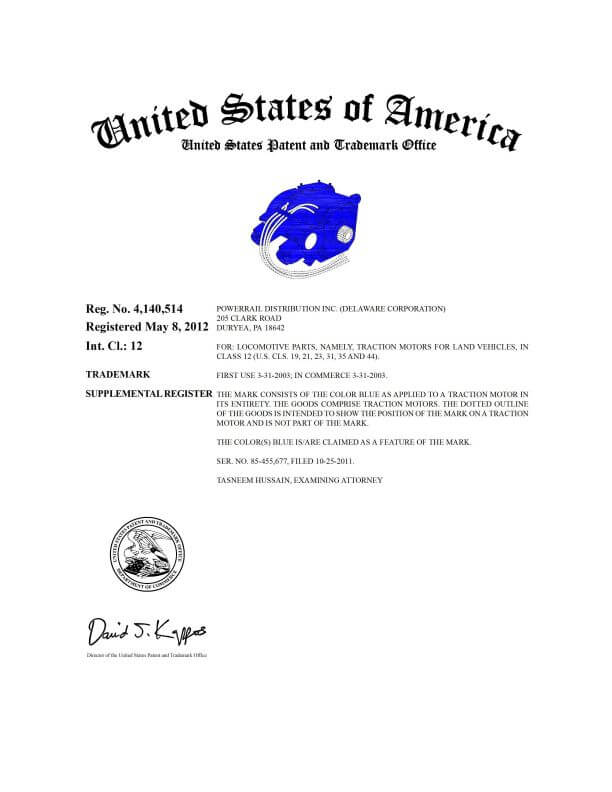  Trademark Application for Powerrail Distribution, Inc Duryea, PA filed by Trademark Attorney Scranton Granted TM Registration 