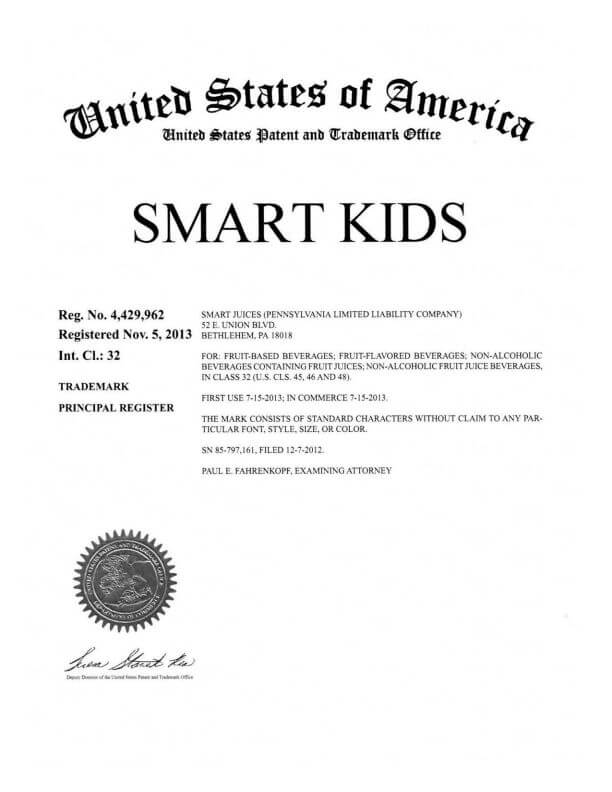 Trademark Application for SMART KIDS Bethlehem, PA filed by Trademark Attorney Scranton Trademark Registration Certificate