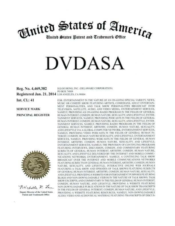  Trademark Application for DVDASA Los Angeles filed by Trademark Attorney Scranton Trademark Registration Certificate