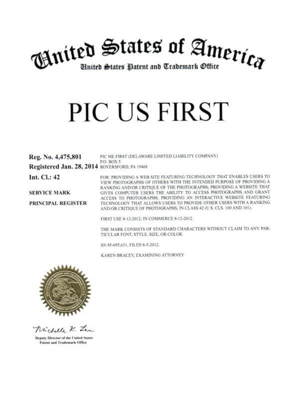 Trademark Application for PIC US First Royersford, PA filed by Trademark Attorney Philadelphia Granted TM Registration 