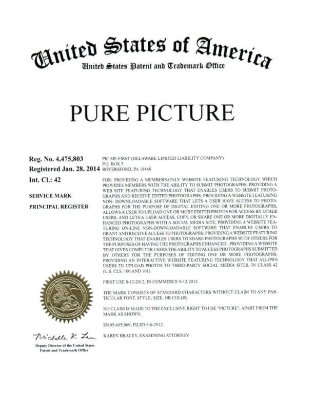 Trademark Application for PURE PICTURE Royersford, PA filed by Trademark Attorney Scranton Trademark Registration Certificate
