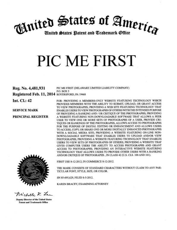 Trademark Application for PIC ME First Royersford, PA filed by Trademark Attorney Philadelphia TM Registration Certificate