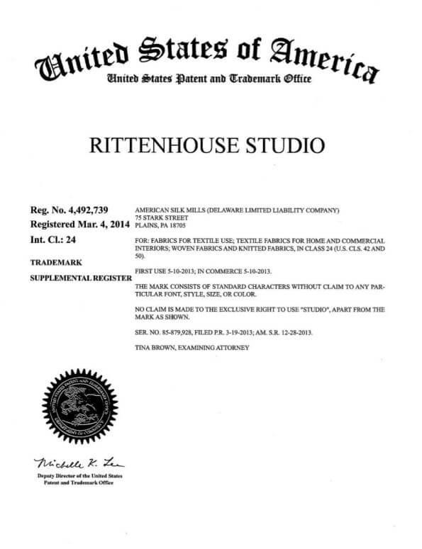 Trademark Application for RITTENHOUSE STUDIO Plains filed by Trademark Attorney Philadelphia Trademark Registration Certificate