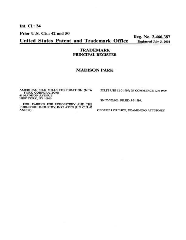  Trademark Application for MADISON PARK New York, NY filed by Trademark Attorney Scranton Granted TM Registration 