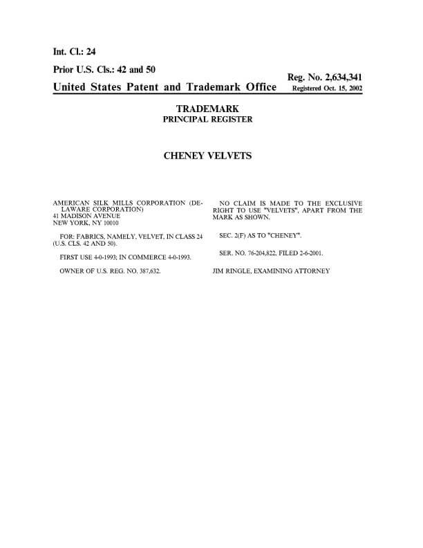 Trademark Application CHENEY VELVETS New York filed by Trademark Attorney Scranton, PA Allowed Federal Trademark Registration 