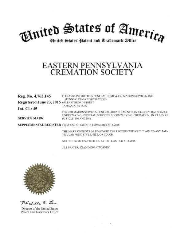 United States Trademark Application for company in Tamaqua filed by Trademark Attorney Scranton, PA Granted Trademark Registration Certificate by USPTO 