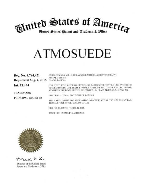 United States Trademark Application for ATMOSUEDE Plains filed by Trademark Attorney Scranton, PA Granted Trademark Registration Certificate by USPTO 