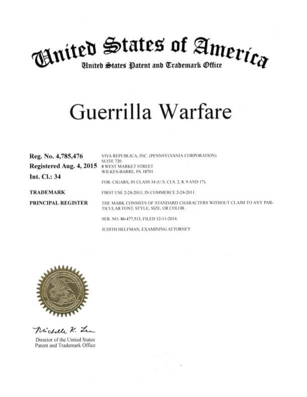 Federal US Trademark Application for Guerilla Warfare Wilkes-Barre filed by Trademark Attorney Allentown, PA Granted Trademark Registration Certificate by USPTO 