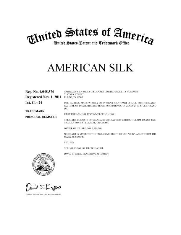 Trademark Application AMERICAN SILK Granted Registration Current Attorney of Record Trademark Attorney Philadelphia, PA 