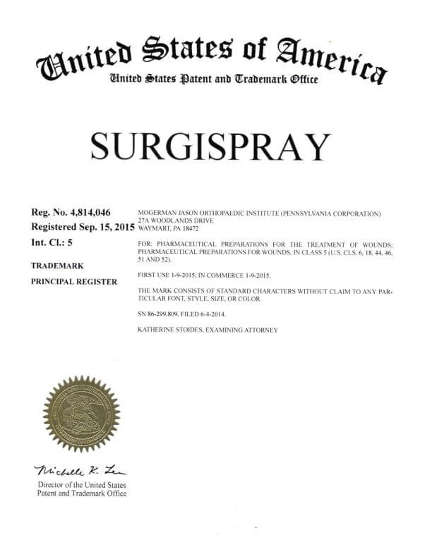  Trademark Application for SURGISPRAY Waymart filed by Trademark Lawyer Philly Granted Certificate of Registration 