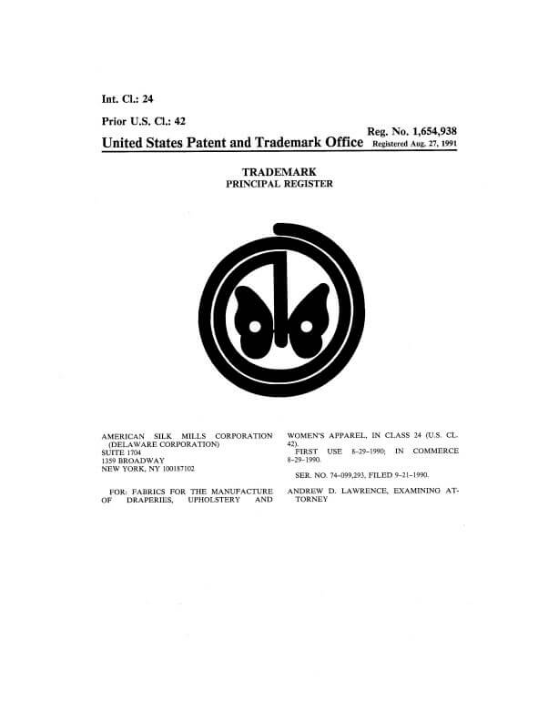 Trademark Application for AMERICAN SILK MILLS CORPORATION New York Granted Certificate of Registration 