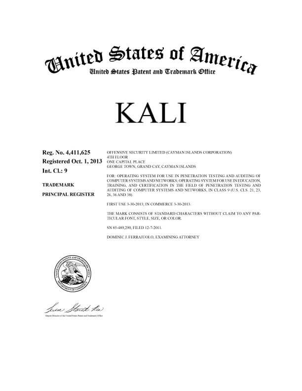 Trademark Application for KALI  George Town filed by Trademark Lawyer Scranton Granted Certificate of Registration 