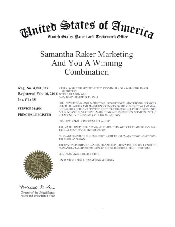 Trademark Application for brand owner in Palm Beach Gardens filed by Trademark Lawyer Philadelphia Granted US Federal Trademark Registration Certificate 