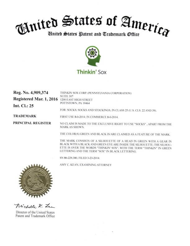 Trademark Application for Thinkin' Sox Pottstown, PA filed by Trademark Lawyer Philadelphia Granted US Federal Trademark Registration 