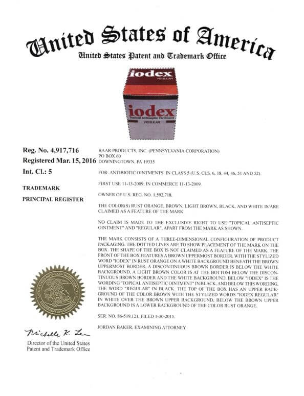Trademark Application for iodex filed by Trademark Attorney Philadelphia Granted