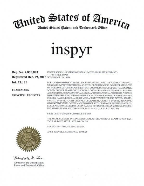 Trademark Application for inspyr filed by Scranton Trademark Lawyer Granted