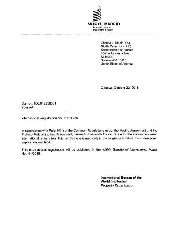 WIPO International Trademark Application filed by Trademark Lawyer Scranton Granted Registration 