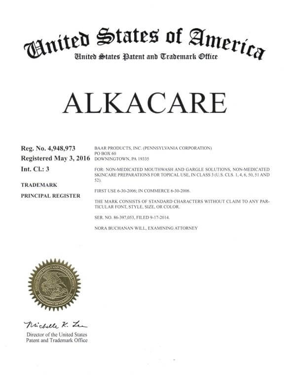  Trademark Application for ALKACARE filed by Trademark Lawyer Philadelphia Allowed Registration by USPTO