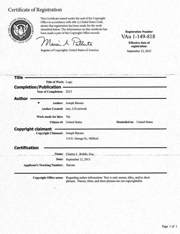 US Copyright Registration Cetificate Milford Copyright Registered by Philadelphia Area Copyright Lawyer